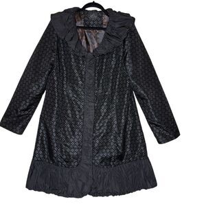 UbU Coat Black Velvet Flocked Ruched Collar Size L Elegant, Artsy, Theatrical